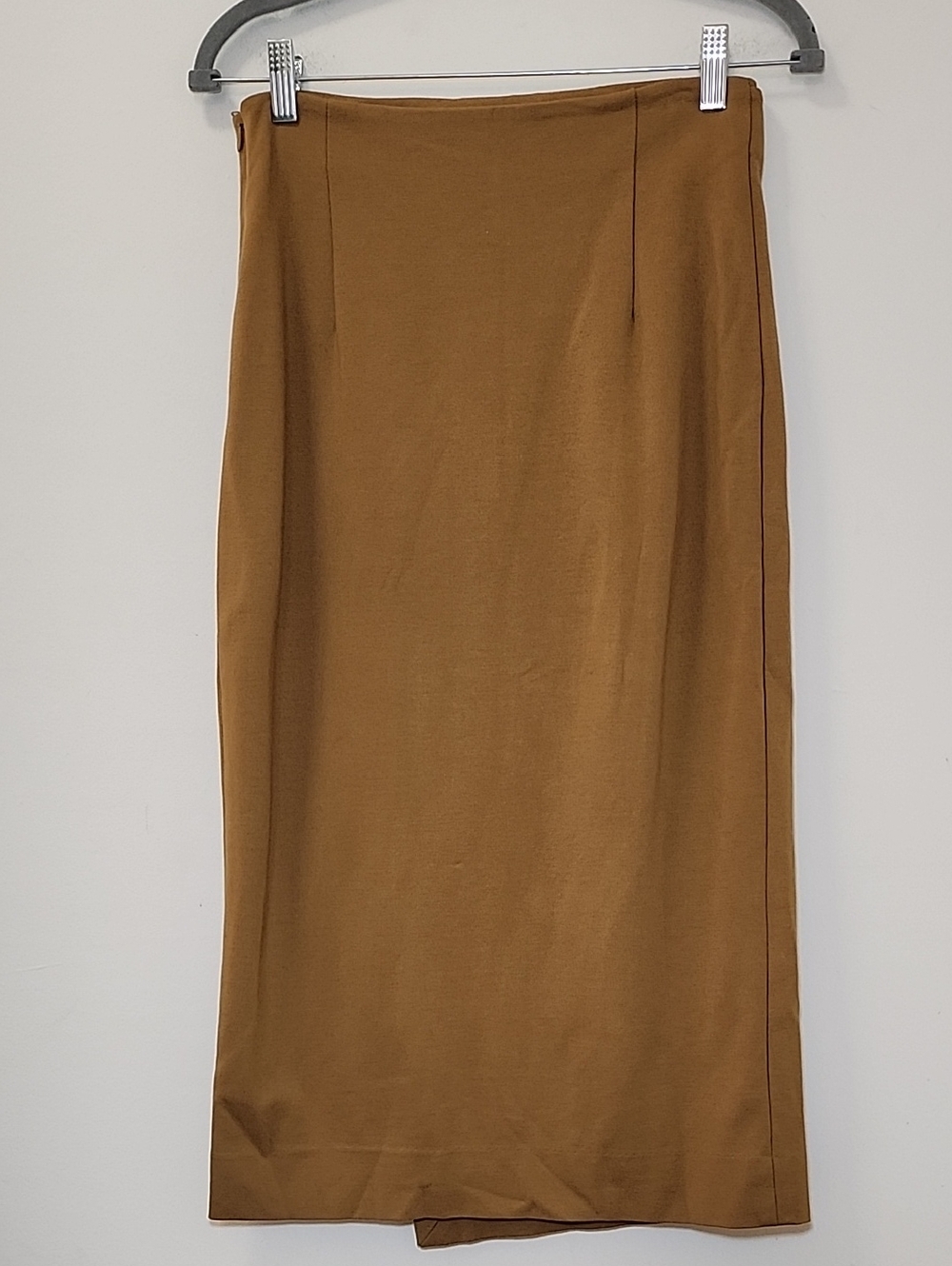 Babaton Knit Faux Wrap Skirt tan color buttoned asymmetrical crossover front 4 - Picture 9 of 16